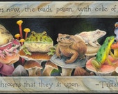 Frogs and toads sitting on exotic colorful mushrooms with a carved stone border - Art Reproduction (Print) - "A Host of Toads"