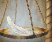 Surreal scale with feather and coins - Original Mixed Media Art -  "Light as a Feather" - CaryeVDPMahoney