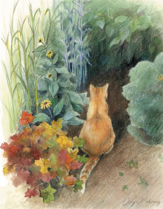 Orange cat in a garden - Art Reproduction (Print) - "Curiosity" - CaryeVDPMahoney