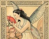 Fairy with green wings in a garden smelling a red flower, with celtic knot border - Art Reproduction (Print) - "Faerie"