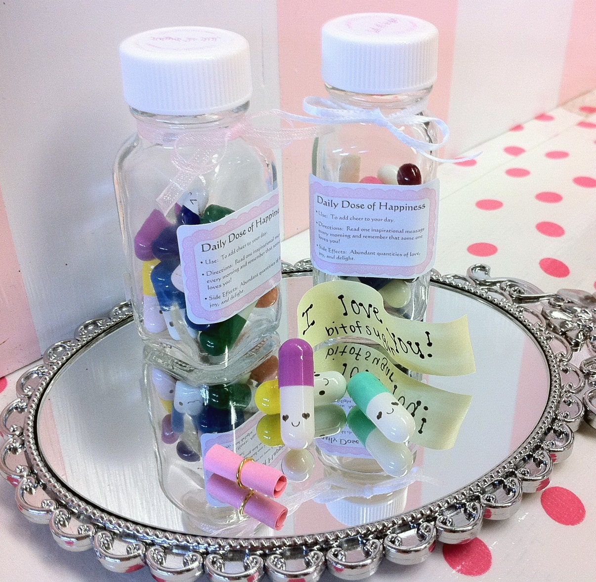 Kawaii Message Happy Pills - 2 Week Supply - Cute miniature happy pill medicine with happy face - message in a bottle