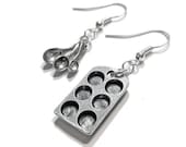 Bakers Earrings - Miniature Cupcake pan and Measuring Spoons - kawaii cute muffin tin jewelry