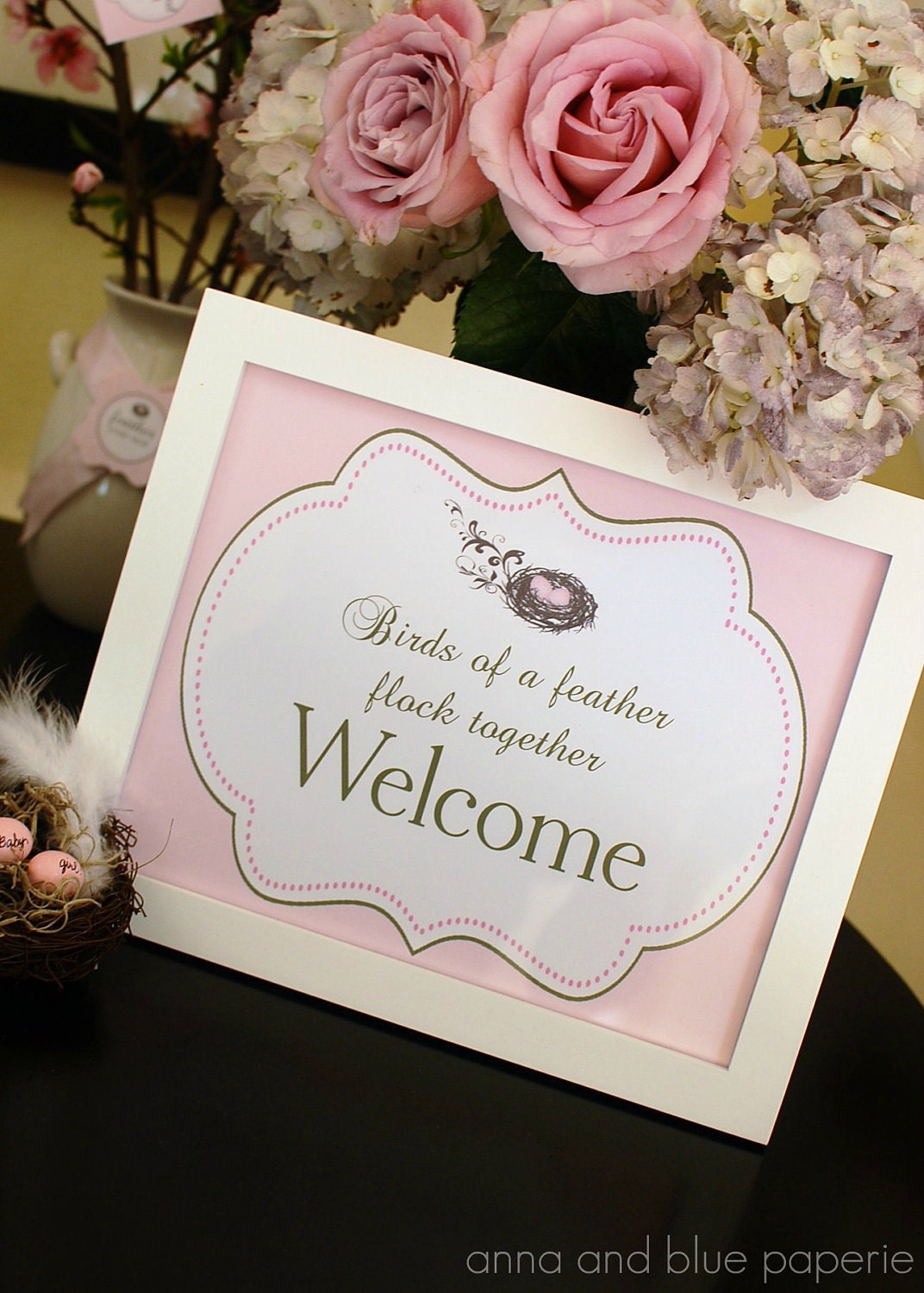 Feather Her Nest Baby Shower Party Sign - Custom PRINTABLE diy welcome sign - available in pink, blue, green or yellow Il_570xn