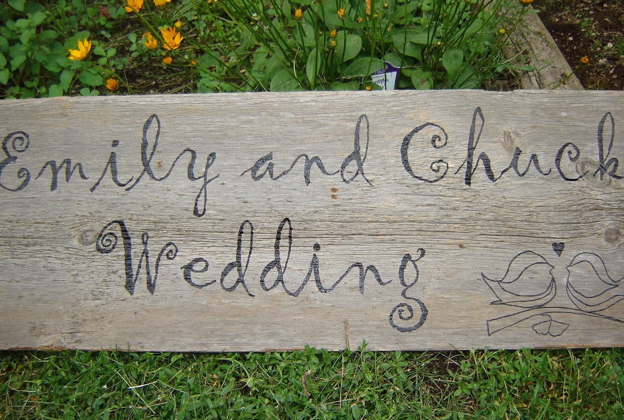 Wooden hand painted Wedding Love Bird sign on a Rustic Barn Board