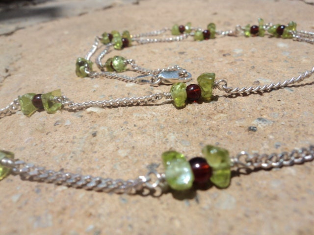 Long peridot and garnet sterling silver necklace