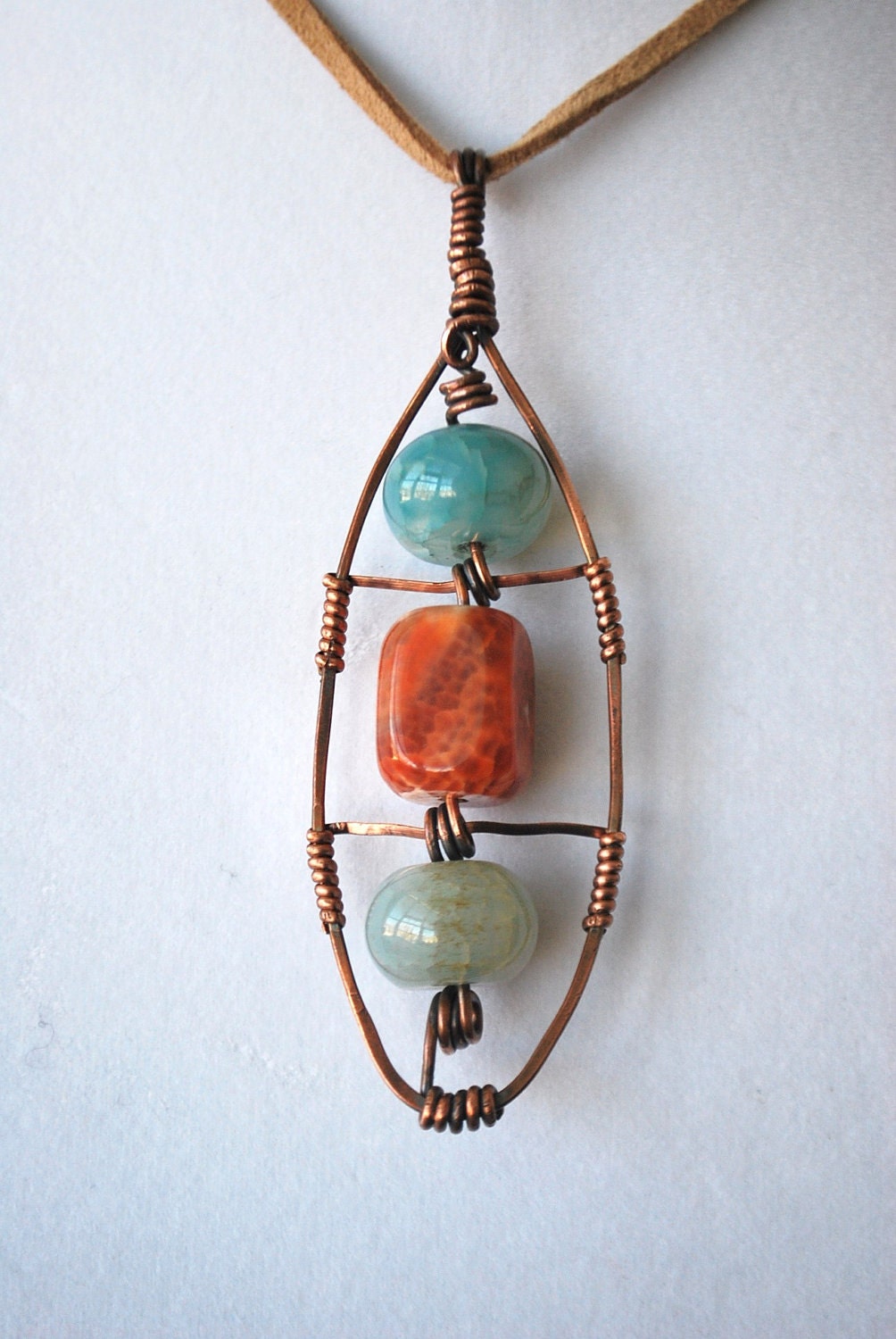 Fire Agate Stone Handcrafted Wire Wrapped Pendant in Copper Necklace