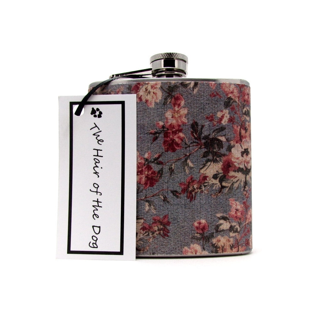 Mirabelle Blue-Gray Floral Flask  6 or 8 oz with Funnel and Tote Bag