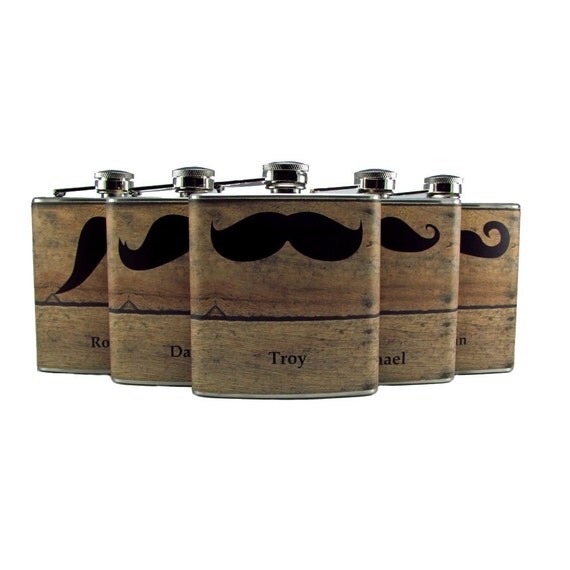 Faux Barn Siding Mustache Groomsmen Best Man Set of 5 Hip Flasks 6oz or 8oz Personalized Flasks
