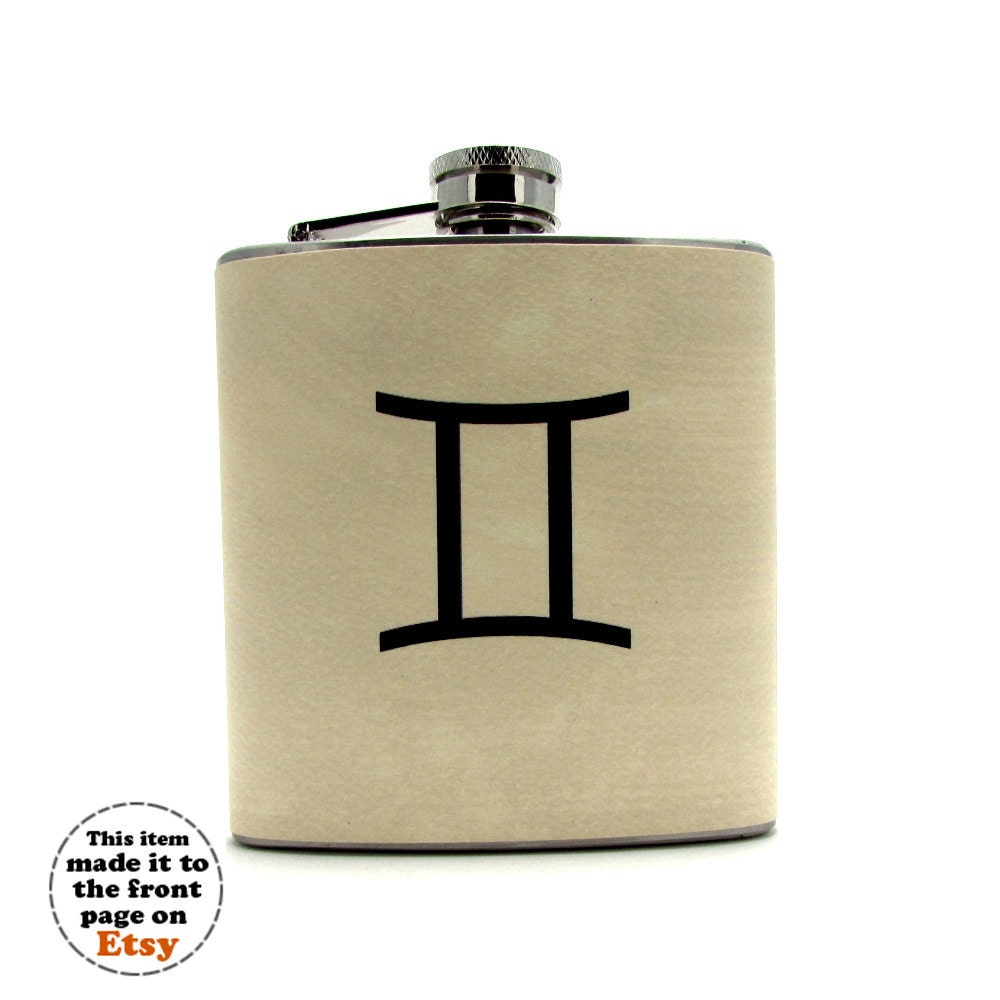 Gemini 6 or 8 oz LiquorFlask with Funnel and Tote Bag Horoscope Zodiac Birthday