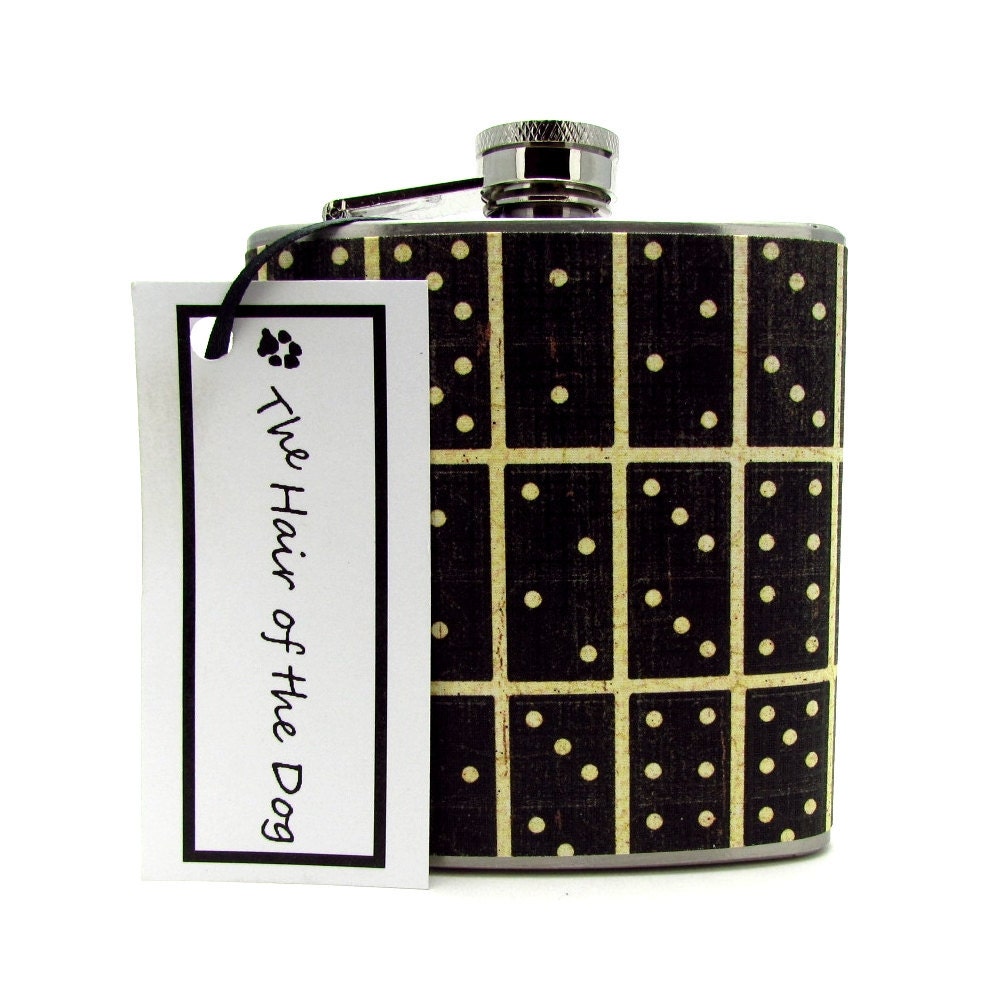 Dominoes Liquor Flask 6 or 8 oz with Funnel and Tote Bag