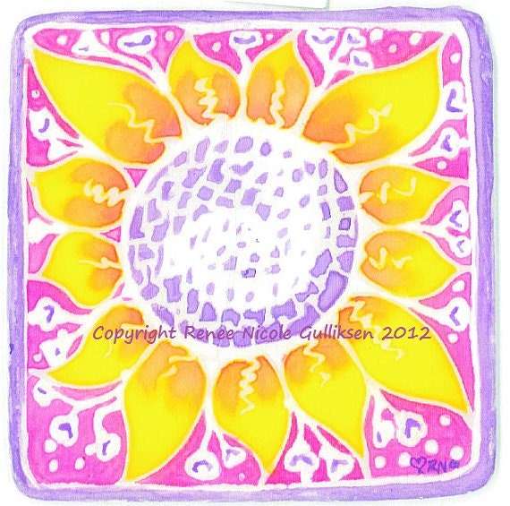 Handpainted Silk Hoop Windowhanging "Yellow Sunshine Flower"