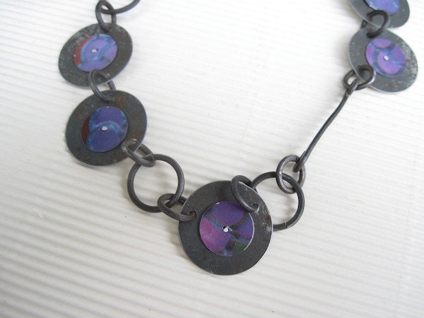 Necklace: Mixed Metal Disc -Purple Necklace- Recycled Tin- Long Necklace- Handmade Steel Chain