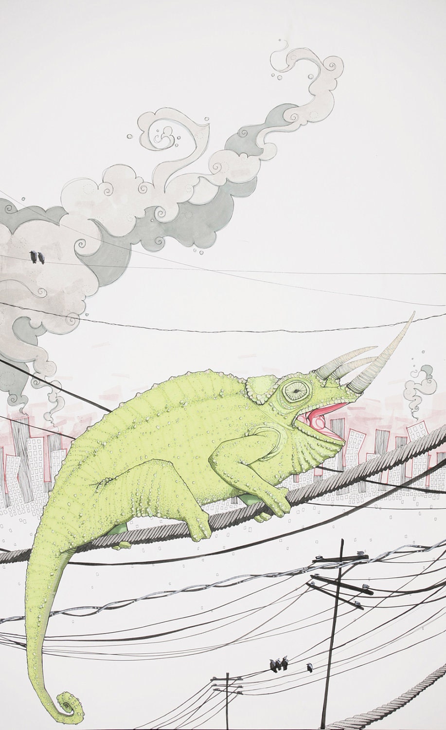 art print, green chameleon on a telephone wire with industrial cityscape