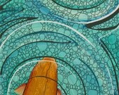Art print, orange koi fish with memory board designs, teal water, pebbled background