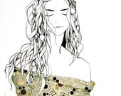 art print, girl with kelp and seaweed hair, green, black and white