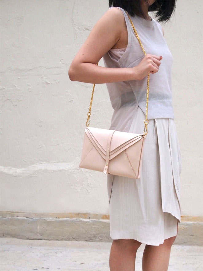 Personalized Multi Envelope Clutch Bag with Chain Shoulder Strap - Leather - Hand Stitched