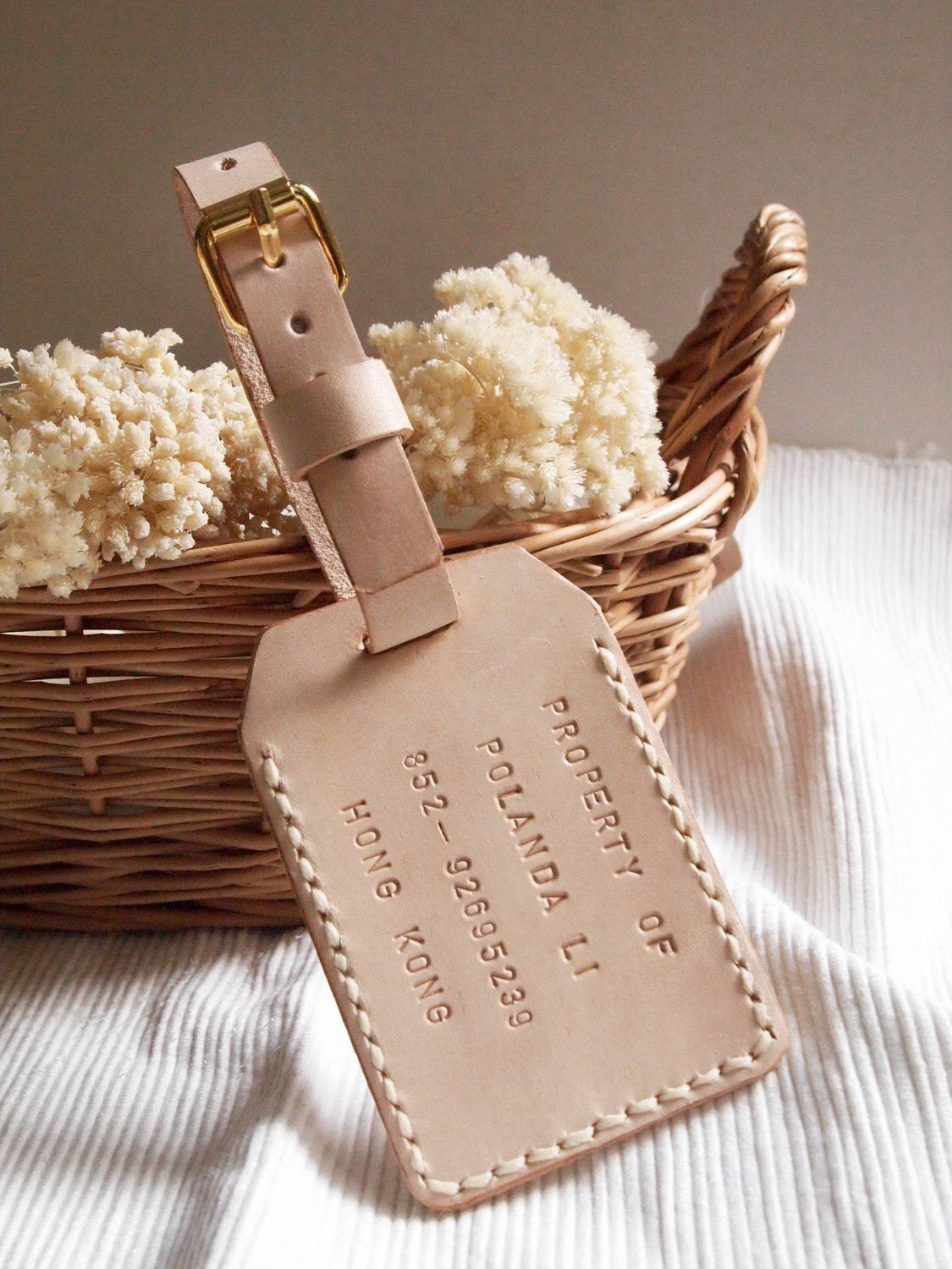 Double Sided Luggage Tag - Nude - Personalized - Leather - Hand Stitched