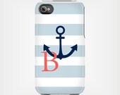 Personalized Graduation Gift iPhone 5 Case 4 / 4S or 3G or Samsung - Navy & Coral Beach Stripe Anchor