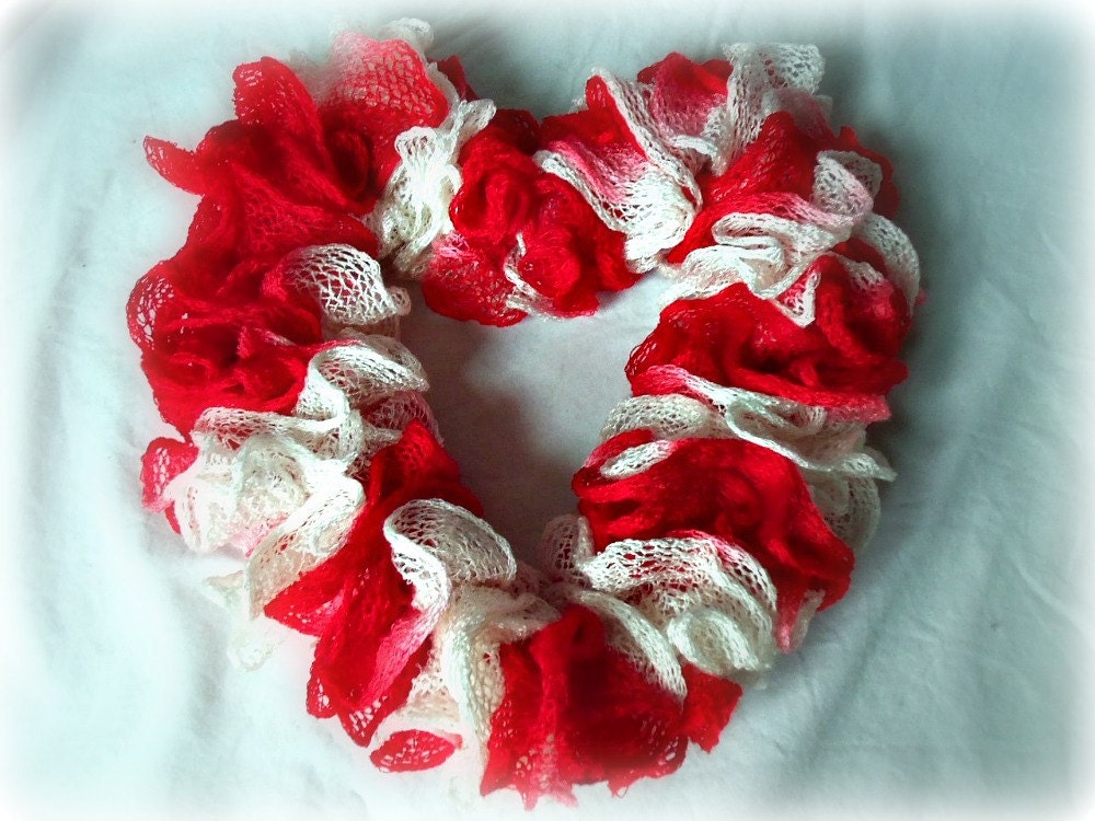 Valentine's Day Ruffle Scarflette - Red - White - Ruffle Scarf