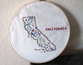 California Embroidery Hoop Wall Art.  7 inch hoop. Map art.  Geography.