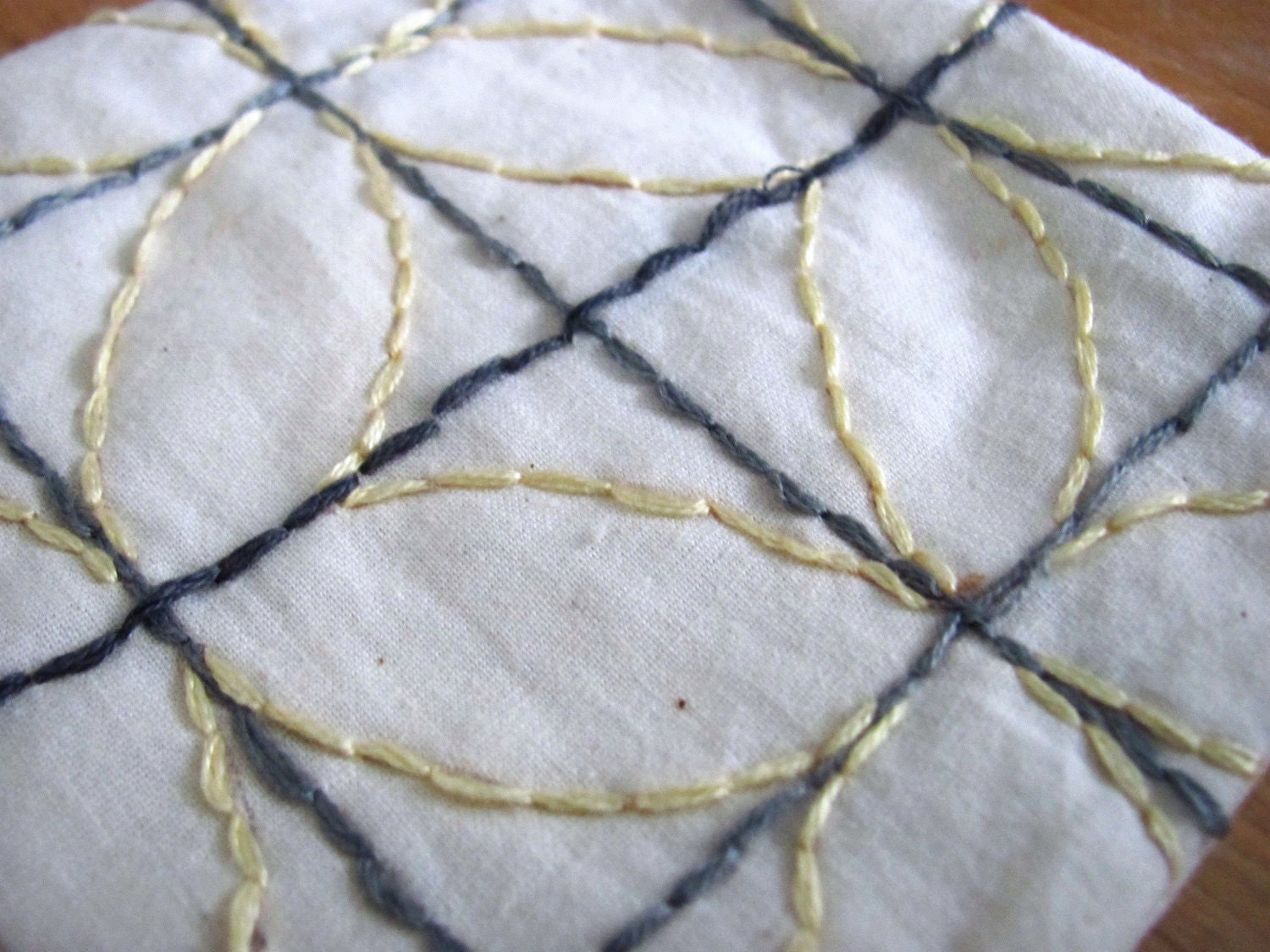 Slate Blue and Butter Yellow Shippoutsunagi Embroidered Washable Coasters. Geometric.  Tableware.