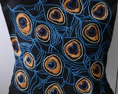 Peacock Feather Pillow Cover 16 inch.  Modern Black. Hand Embroidered.