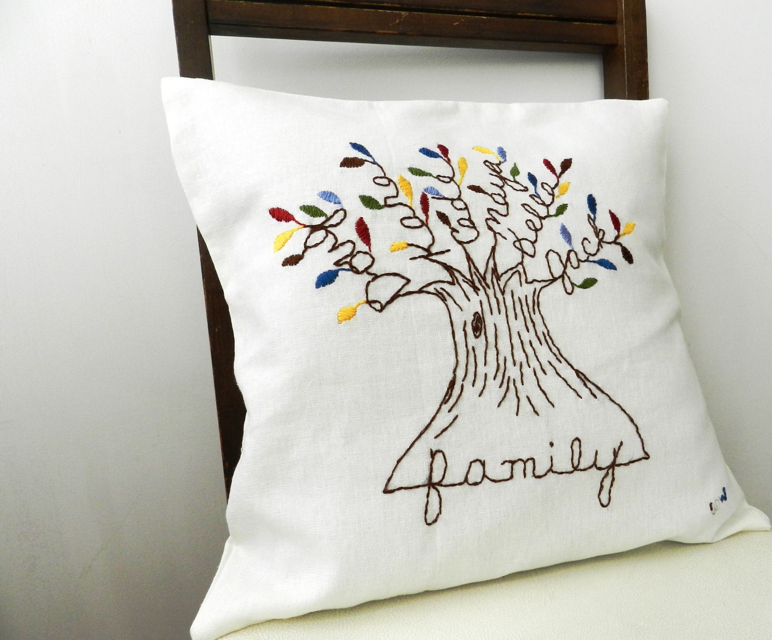 Personalized Family Tree Pillow Cover. Mothers Day Gift. 16 inch. White Linen with Multicolored Leaves