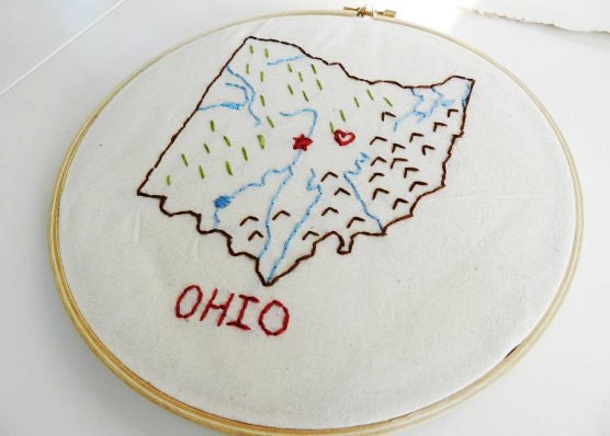 Ohio Emroidery Hoop Wall Art.  7 inch.  Personalized Map Art.