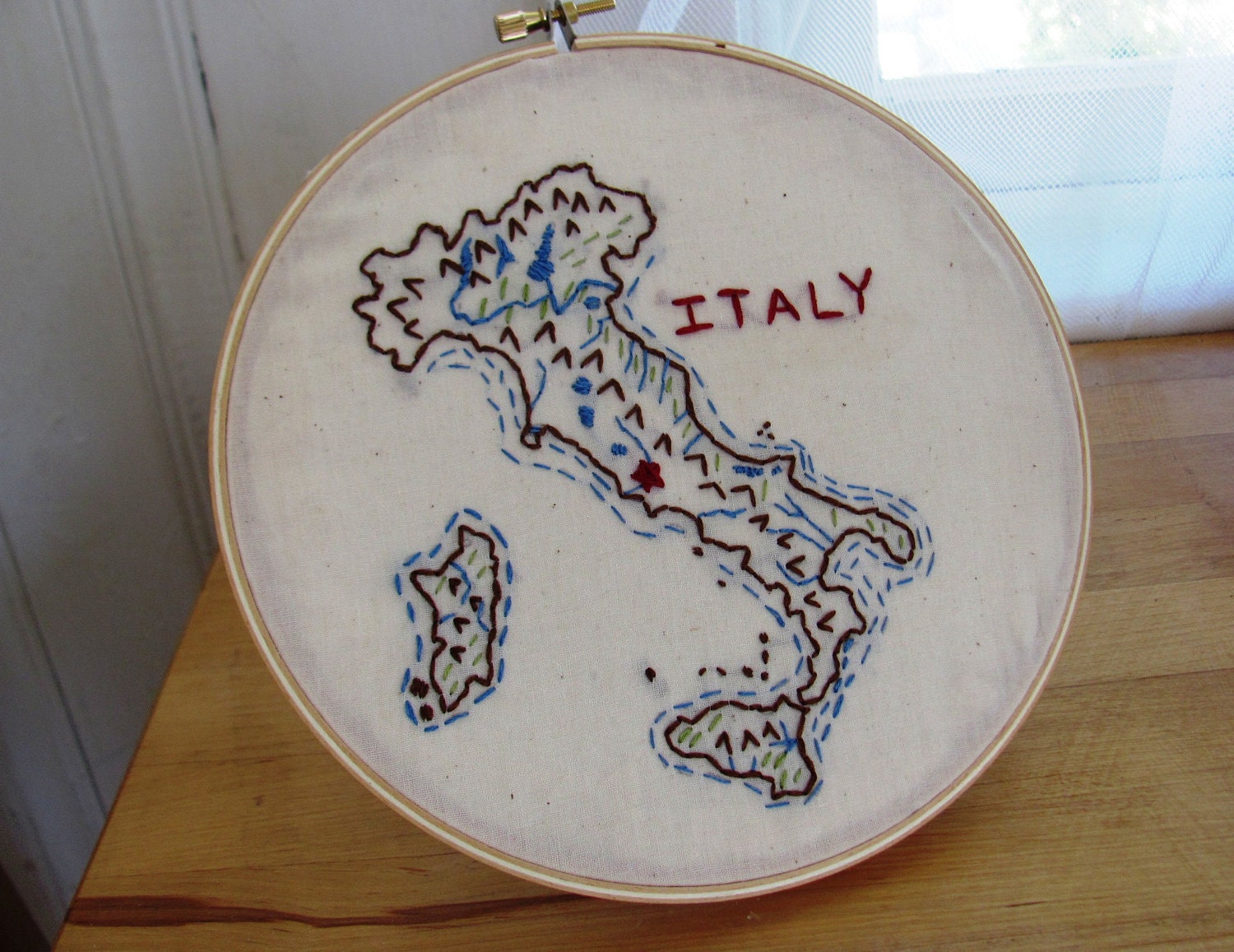 Italy Embroidery Hoop Wall Art. 7 inches. Europe. Map of Italy. Red, Blue, Brown, Green. Gift for Parents of the Bride or Groom.