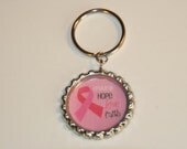 Cure, Hope, Love, Faith Pink Breast Cancer Ribbon Bottle Cap Keychain, Zipper or Backpack Pull