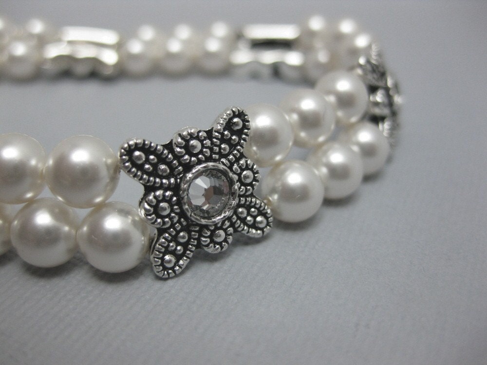 Victorian Bracelet -- Double Strand Bracelet Antiqued Silver, Pearl and Rhinestone Bracelet, Swarovski Crystal Pearl