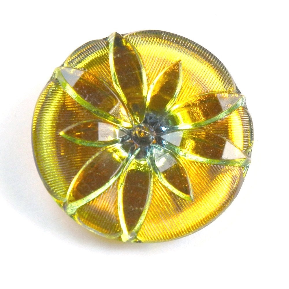 Button - modern Czech glass - golden yellow green teal mod daisy flower power groovy - BK293E