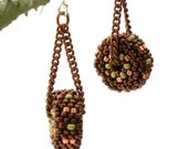 Discos Earrings - copper and olive green beaded bead discs - TheBeadedBead