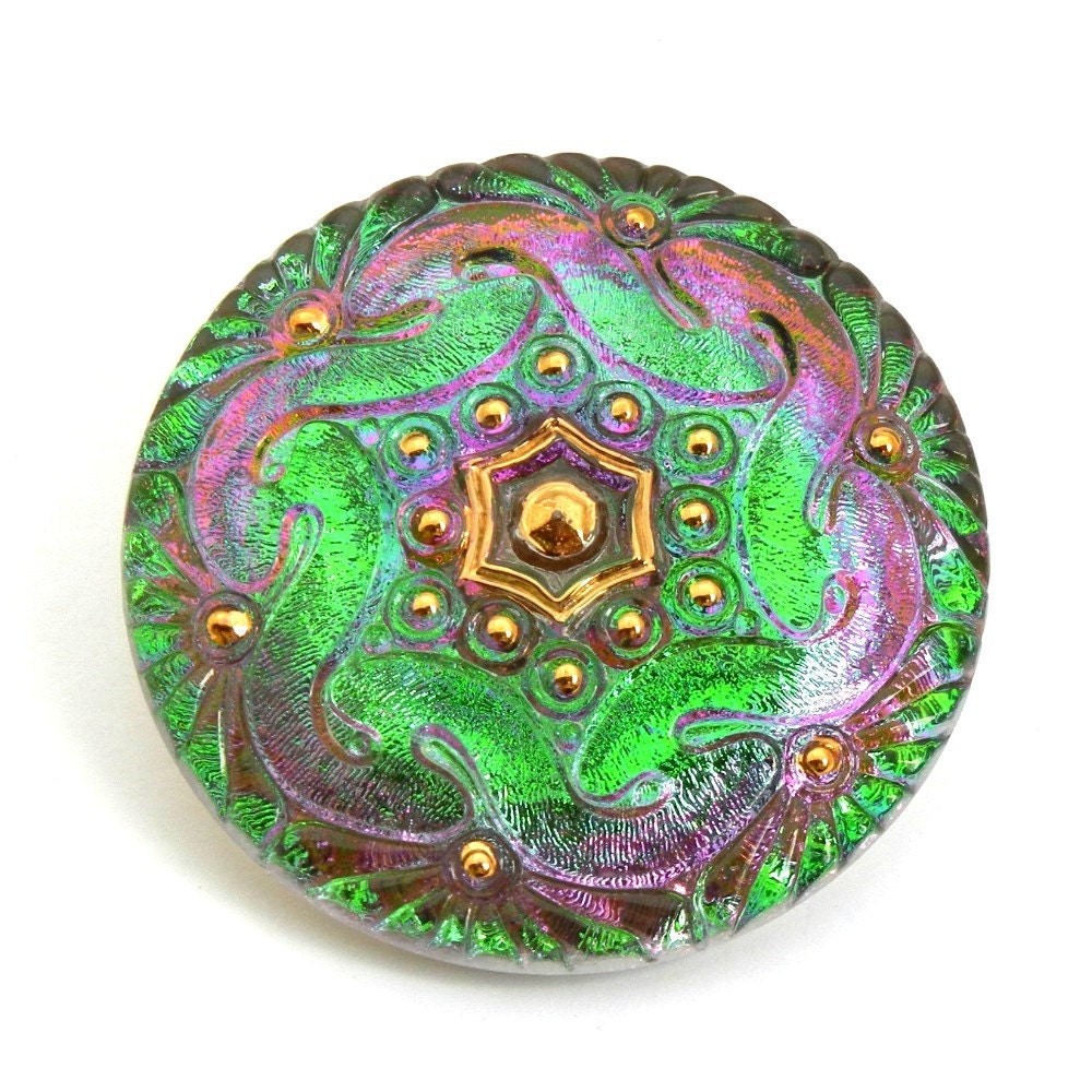 Contemporary Czech Glass Button - fuchsia magenta pink teal green blue gold BK190