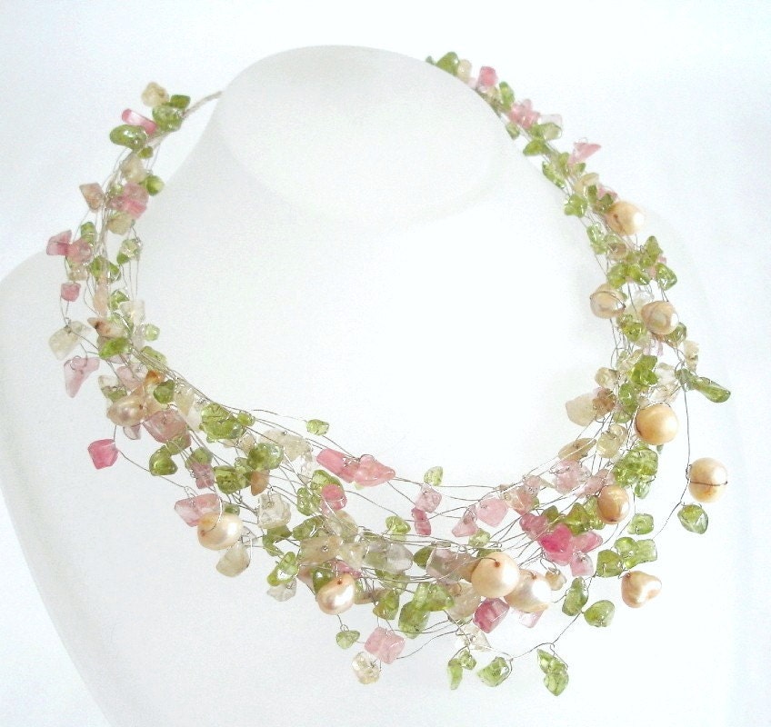 Necklace Silver Statement Spring Wedding Mothers Day natural Citrine Peridot Pink Cherry Quartz Freshwater pearls Fashion Jewelry