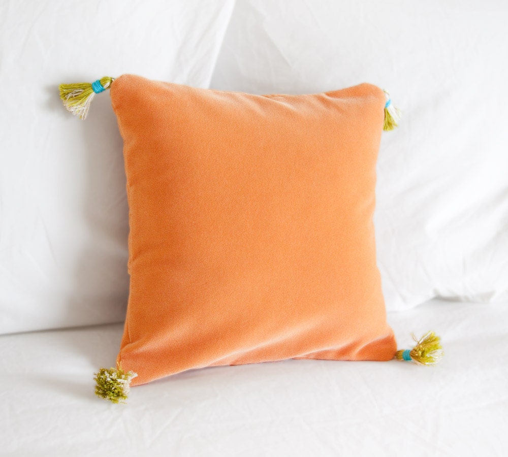 SALE Orange, Chartreuse and Turquoise Tassel Pillow - 12x12 inches