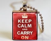 Keep Calm and Carry On Deep Red Scrabble Tile Pendant with Ball Chain Necklace Included (ITEM S655)