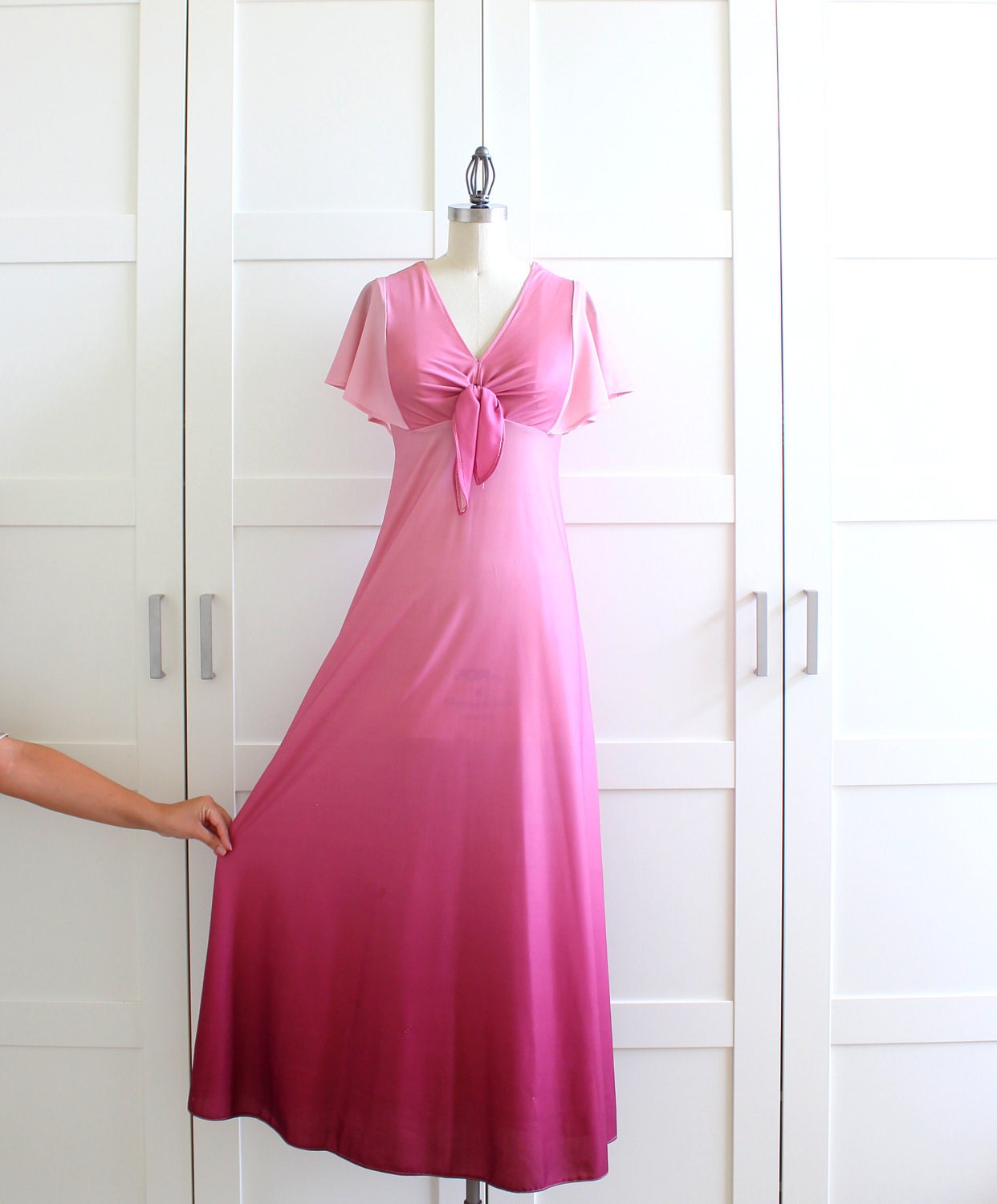 1970s Maxi Dress, Pink Ombre Dress, 70s Aline A Line Bridesmaid Dress, size Medium Large