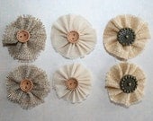 Vintage Beige Linen Fabric Rosettes Set of 6 Flowers 3 Shades with Buttons - Perfect for Headbands Hair Clip Shoe Clips Jewelry