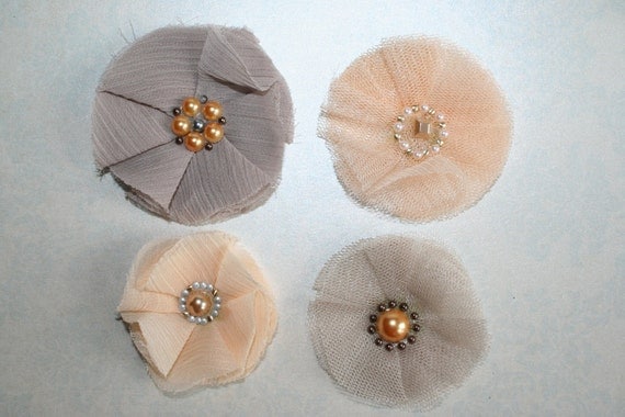 Chiffon Fabric Flowers Chiffon and Tulle Set of 4 Neutral Shades Peach and Beige Headband Flowers Shabby Chic Flowers