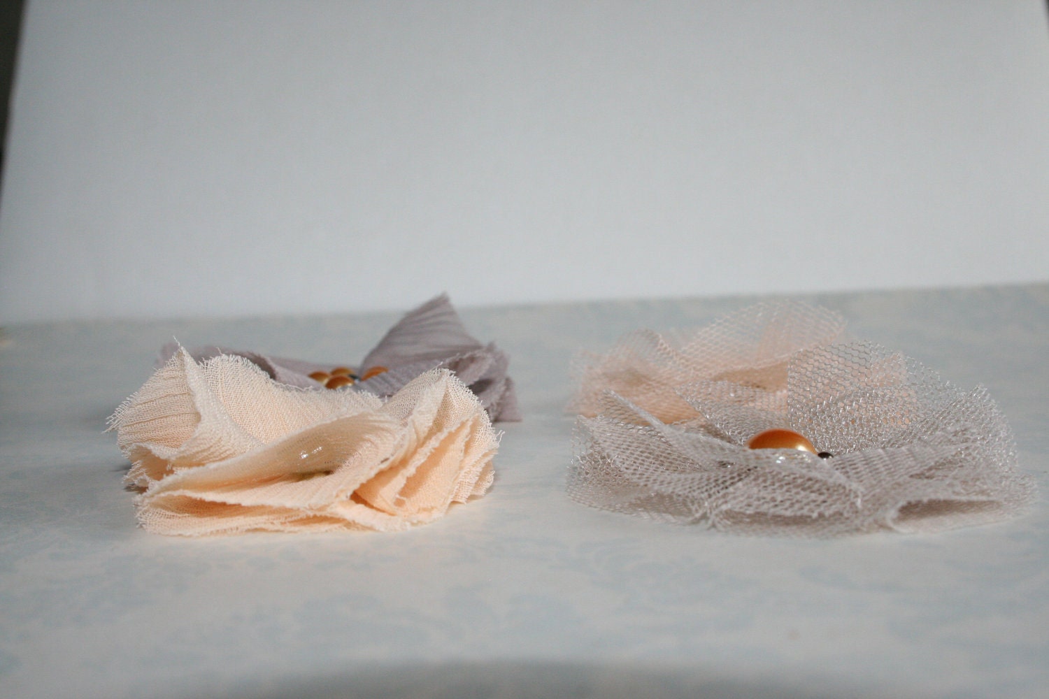 Chiffon Fabric Flowers Chiffon and Tulle Set of 4 Neutral Shades Peach and Beige Headband Flowers Shabby Chic Flowers