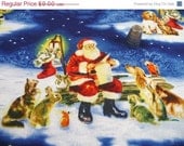 Christmas Fabric Santa Clause Cats Dogs Animals Trees Blue