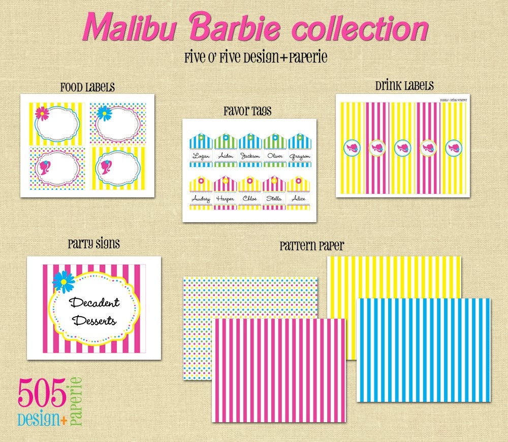 Malibu Barbie Inspired Birthday Party Theme Printable Decorations