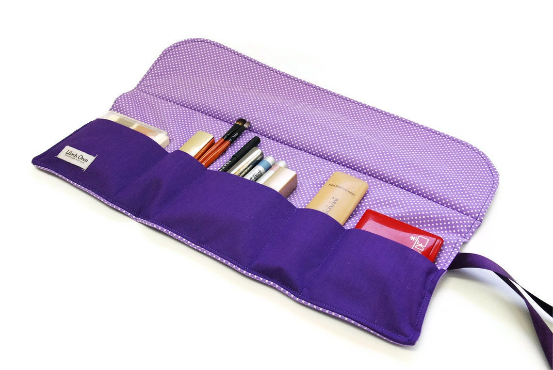 Make up bag organizer in purple dot, Makeup roll, Cosmetics holder, five pockets Makeup bag