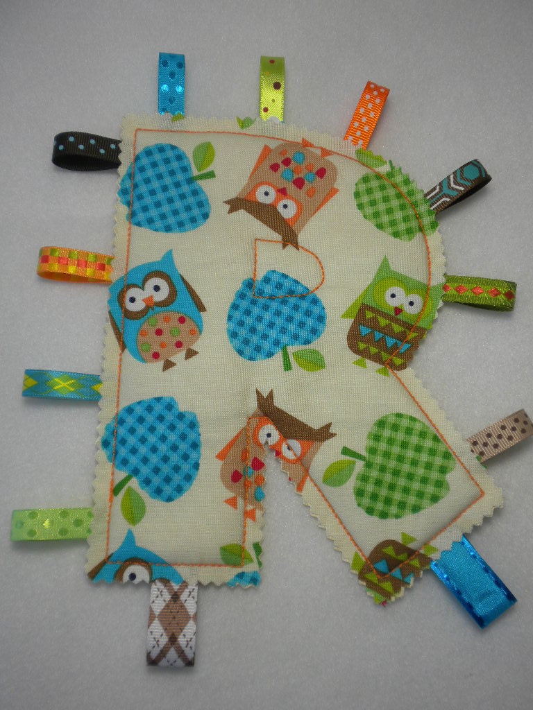 TOSSED OWLS & APPLES - Monogram Tag Toy - Personalized Alphabet Toy for Your Baby