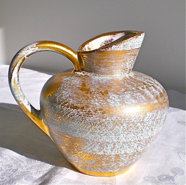 Stangl, Pottery, Vase, Gold, Aqua, Vintage, Home Decor, 1950's, 1960's