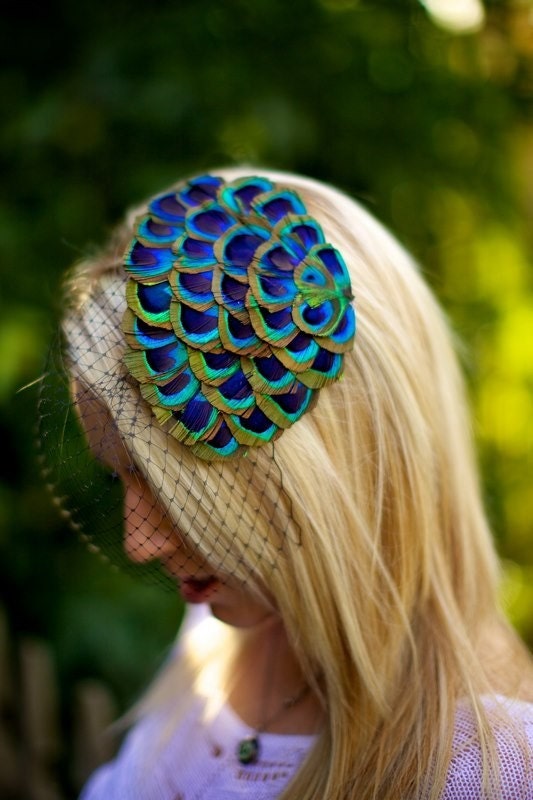 Minerva ... Peacock Fascinator with Black Birdcage Veil
