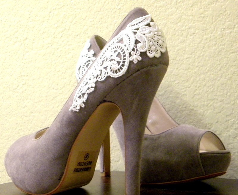 Grey Peep Toe Pumps with White Venise Lace ... Size 10