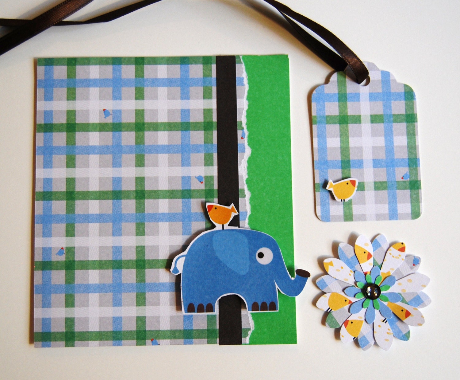 Blue and Green Striped Elephant Note Card Set with Gift Tag and 3D Flower Embellishment