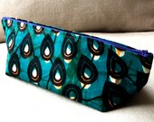 Teal Peacock eyes cosmetic make up bag - Genuine Wax Batik 100 per cent cotton